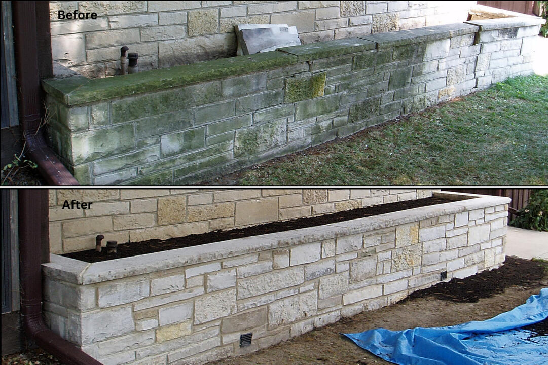 Before and after restoration of a 30-ft natural stone flower box in Waukesha, rebuilt with a reinforced concrete footing, proper drainage, and restored original stone for long-term durability.