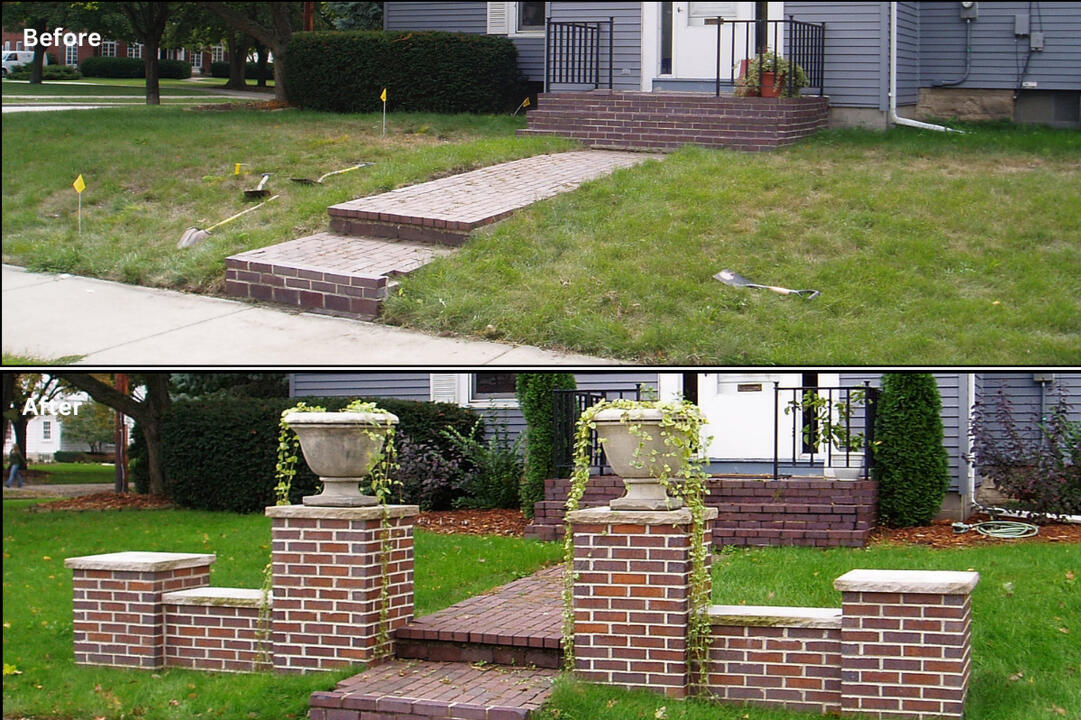 High-quality brick entrance columns in Oconomowoc, WI, built to match the home’s front porch and sidewalk, enhancing property definition and curb appeal. Custom masonry craftsmanship designed for longevity and style.