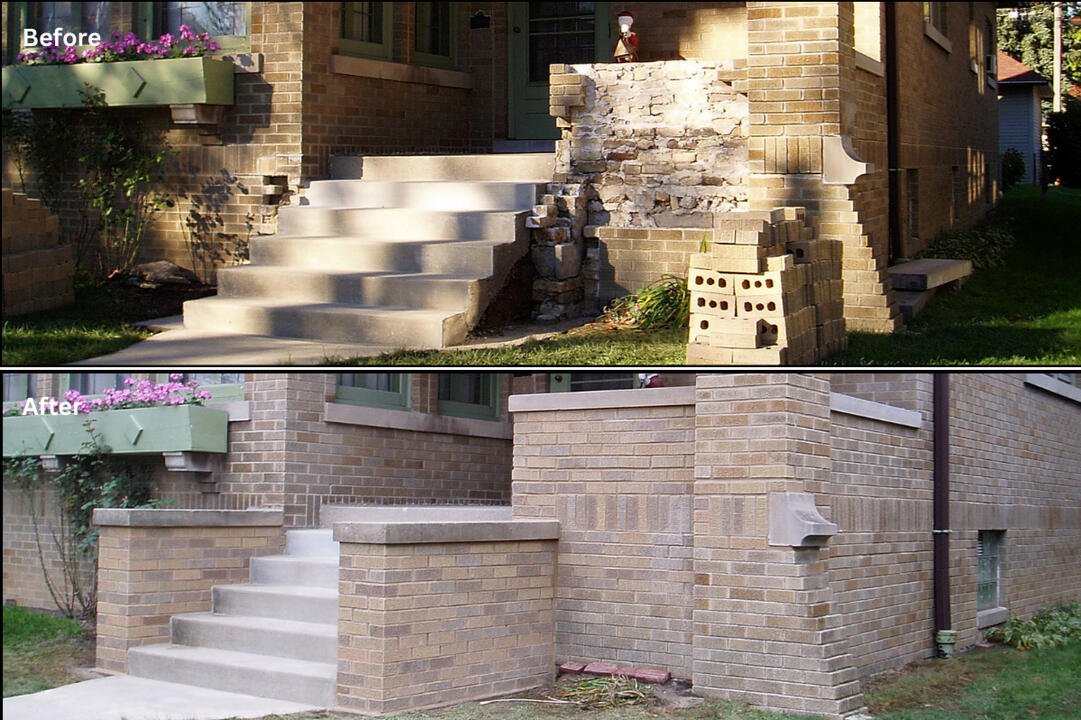 Historic Cream City brick porch restoration in South Milwaukee. Complete teardown, matched brick and mortar, rebuilt porch railing walls, cleaned and waterproofed for long-term durability.