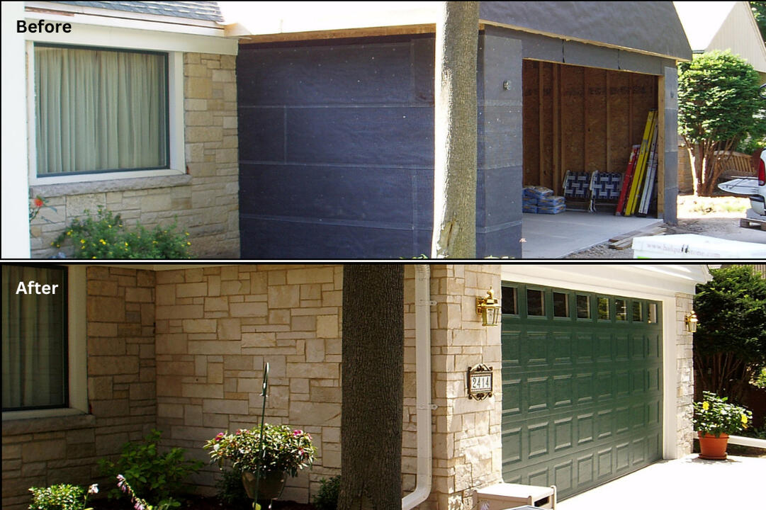 Fond du Lac stone refacing on a garage addition in Wauwatosa, expertly matched to the existing home using stainless steel wire mesh and weatherproofing for a long-lasting, natural finish.