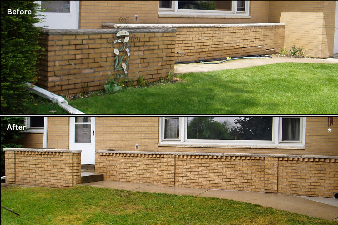 Brick porch and flower box restoration in Menomonee Falls, WI. Full structural repair, waterproofing, and custom brick rebuild with decorative corbel accents.