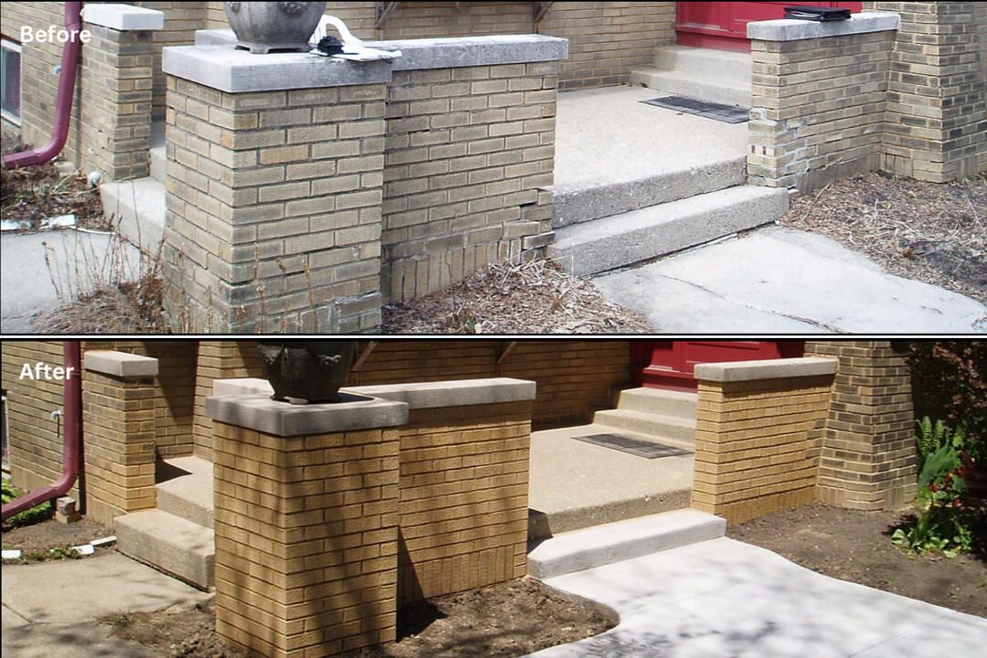 Milwaukee porch column and side wall rebuild with new brick installation and a fresh concrete sidewalk, designed to withstand Wisconsin's extreme weather conditions.